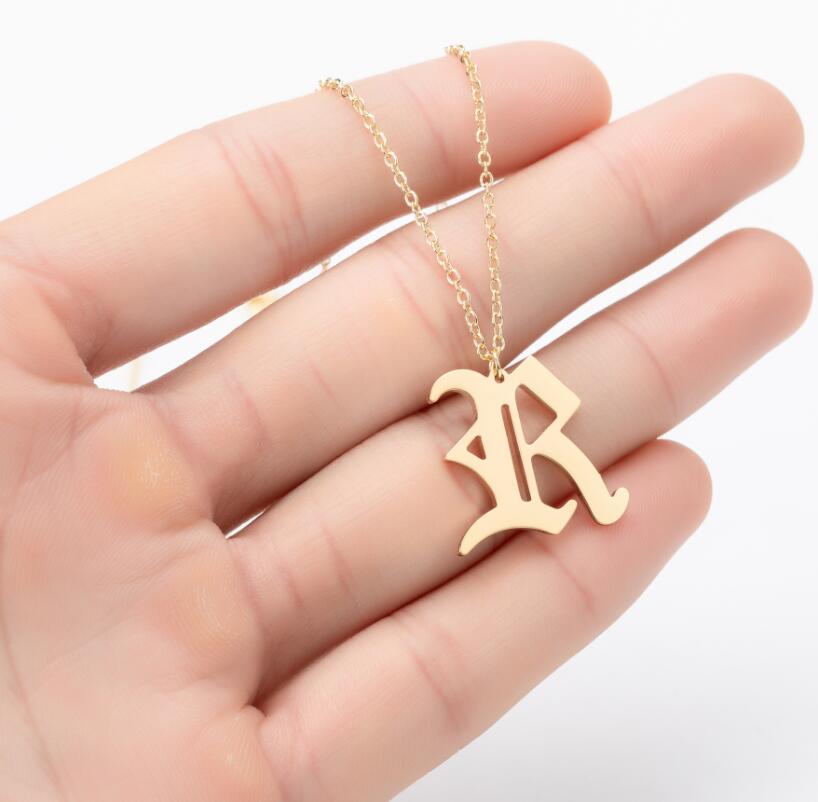 Gothic Old English Initial Necklace Stainless Steel Monogram 26 Letter Alphabet Necklace Jewelry Accessories Collier Femme