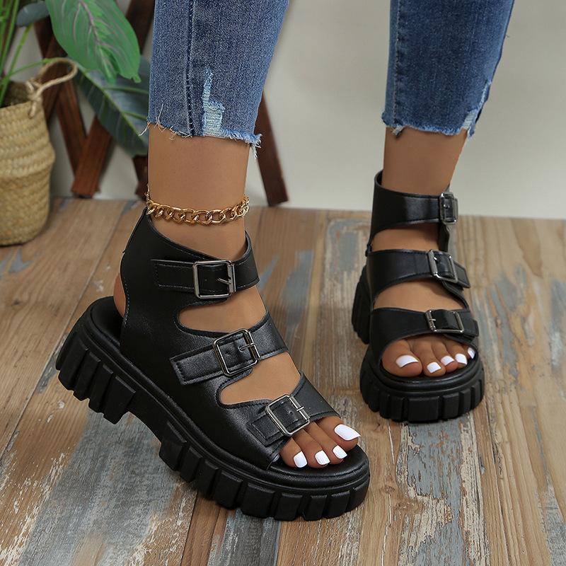 2025 Summer Platform Belt Buckle Roman Shoes Wear Large Size Muffin Retro Sandals Foreign Trade Fashion Open-toed Women's Shoes