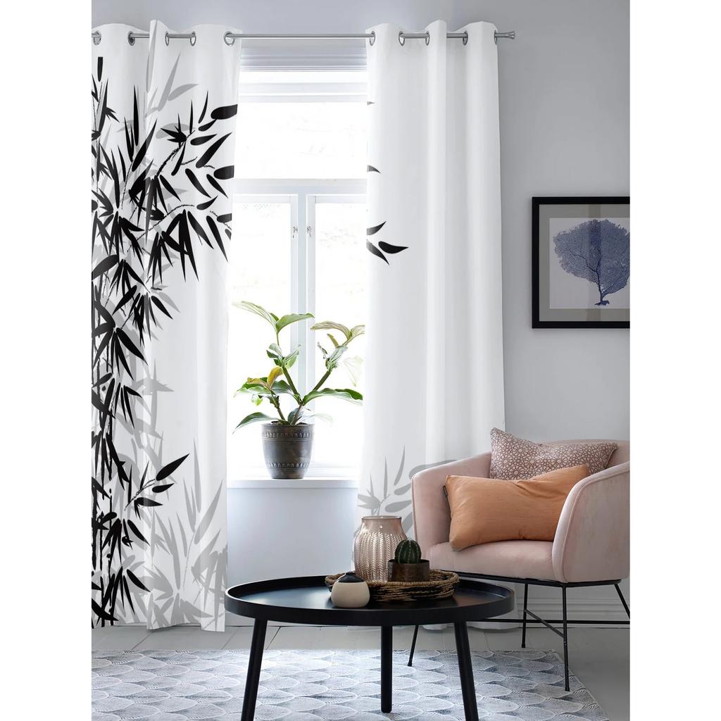 Bamboo Leaves Black White Window Curtains Printing Curtains for Living Room Modern Design Bedroom Decor Drapes