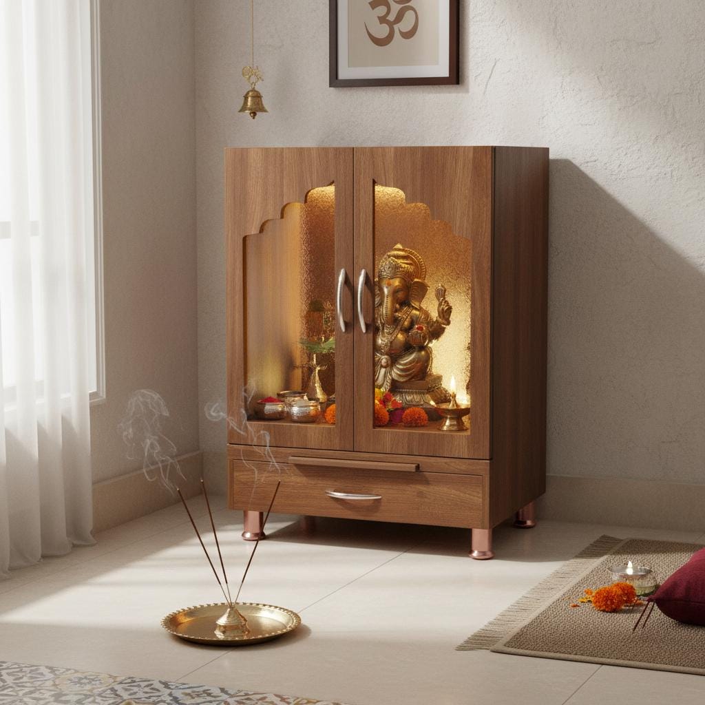 Wooden Pooja Mandir | Handicrafted Home Temple | Indian Prayer Altar with Doors | Wall With Glass Pooja Cabinet | Traditional Hindu Mandir
