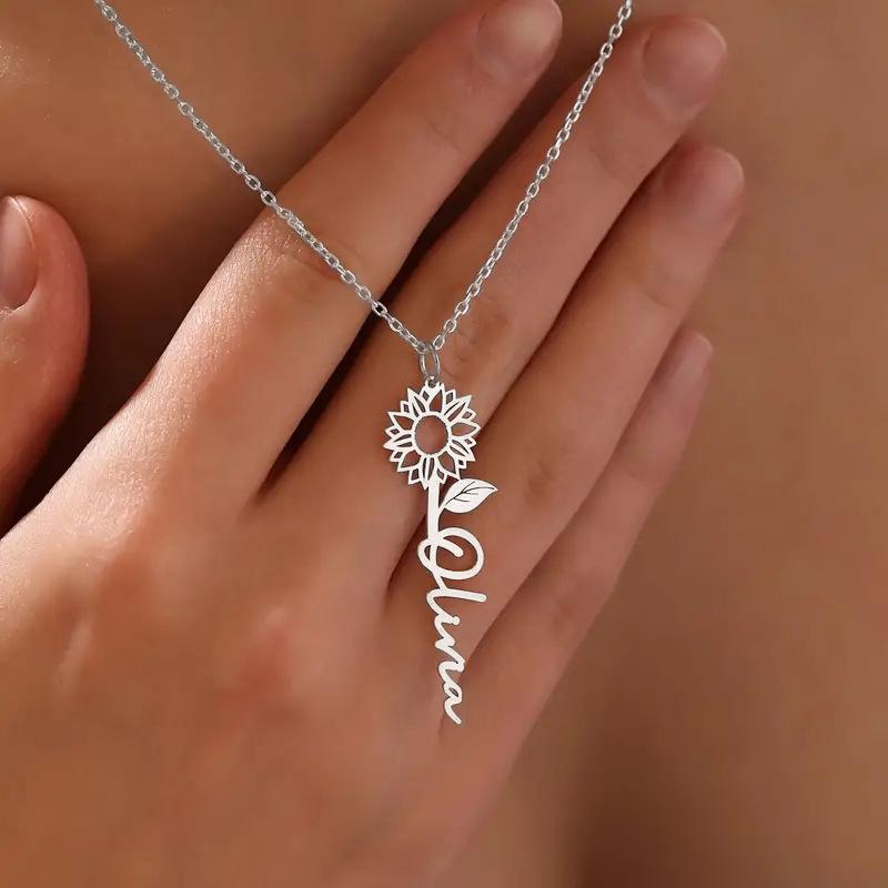 Personalized Sunflower Name Pendant Necklace for Women, Custom Gold Tone Minimalist Jewelry
