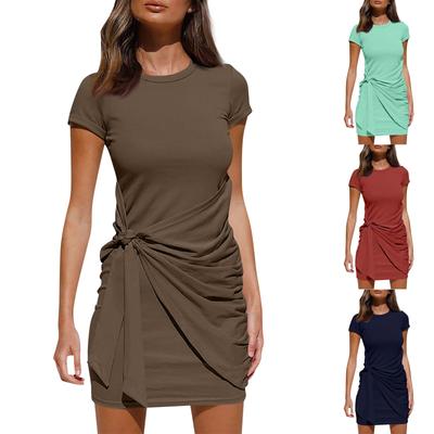 Women's Fashion Solid Color Short Sleeve Round Neck Bow Irregular Waistband Hip Dresses