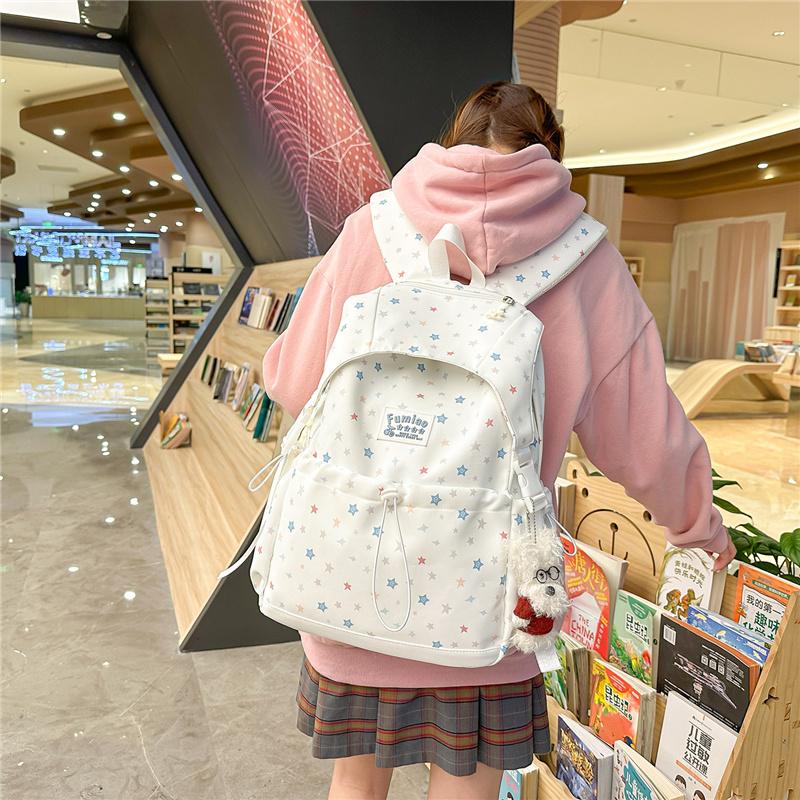 Cute Star Print Nylon Backpack for Women – Fashionable School & Daily Use Bag with Front Drawstring Pocket and Plush Charm