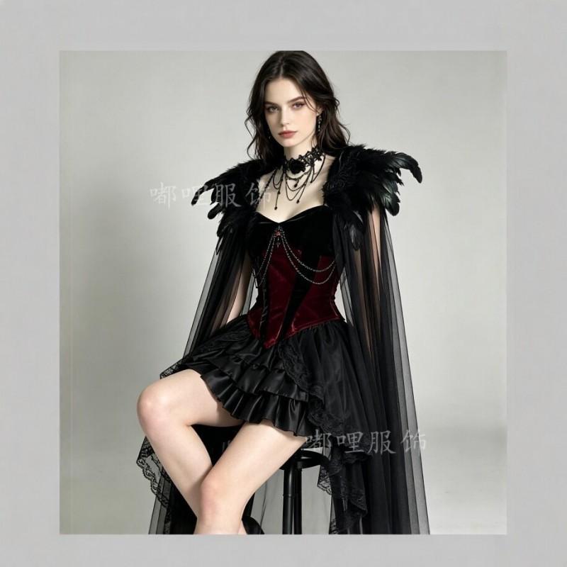 Gothic Vampire Cosplay Costume Women Halloween Black Feather Cape Dress