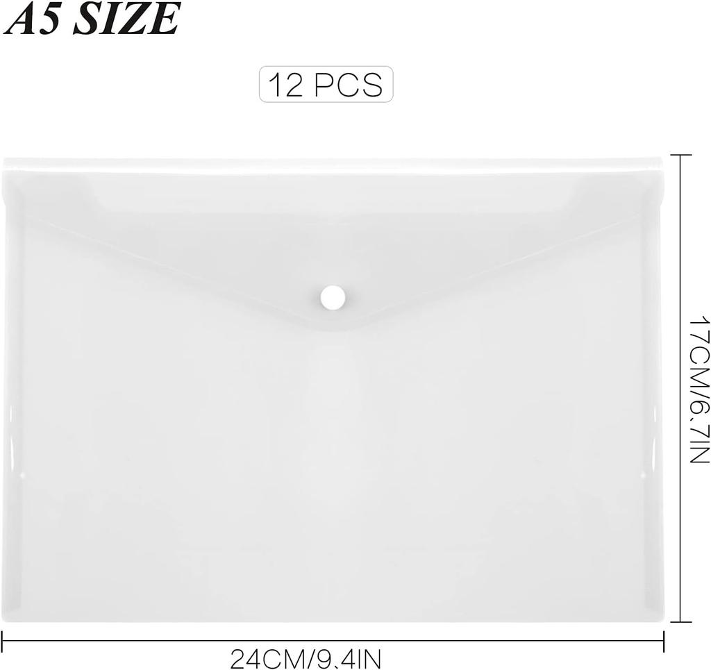 12 Pcs Plastic Envelopes Clear A5 Letter Size Waterproof Poly Envelopes Folders with Snap Closure for Office School Supplie