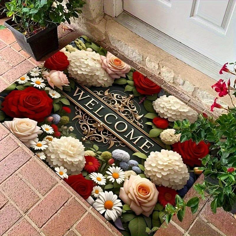 Welcome Doormat Vibrant Floral Pattern Non-Slip Rug for Indoor Outdoor High Traffic Areas Perfect for Valentine'S Day Spring Mat