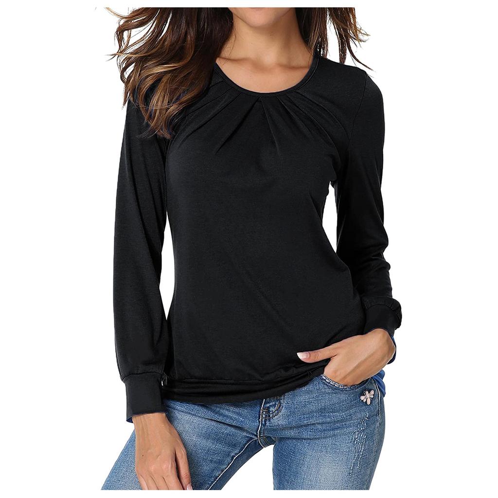 Women's Long-Sleeved Pleated Casual Stretch Tunic Top Shirts Spring