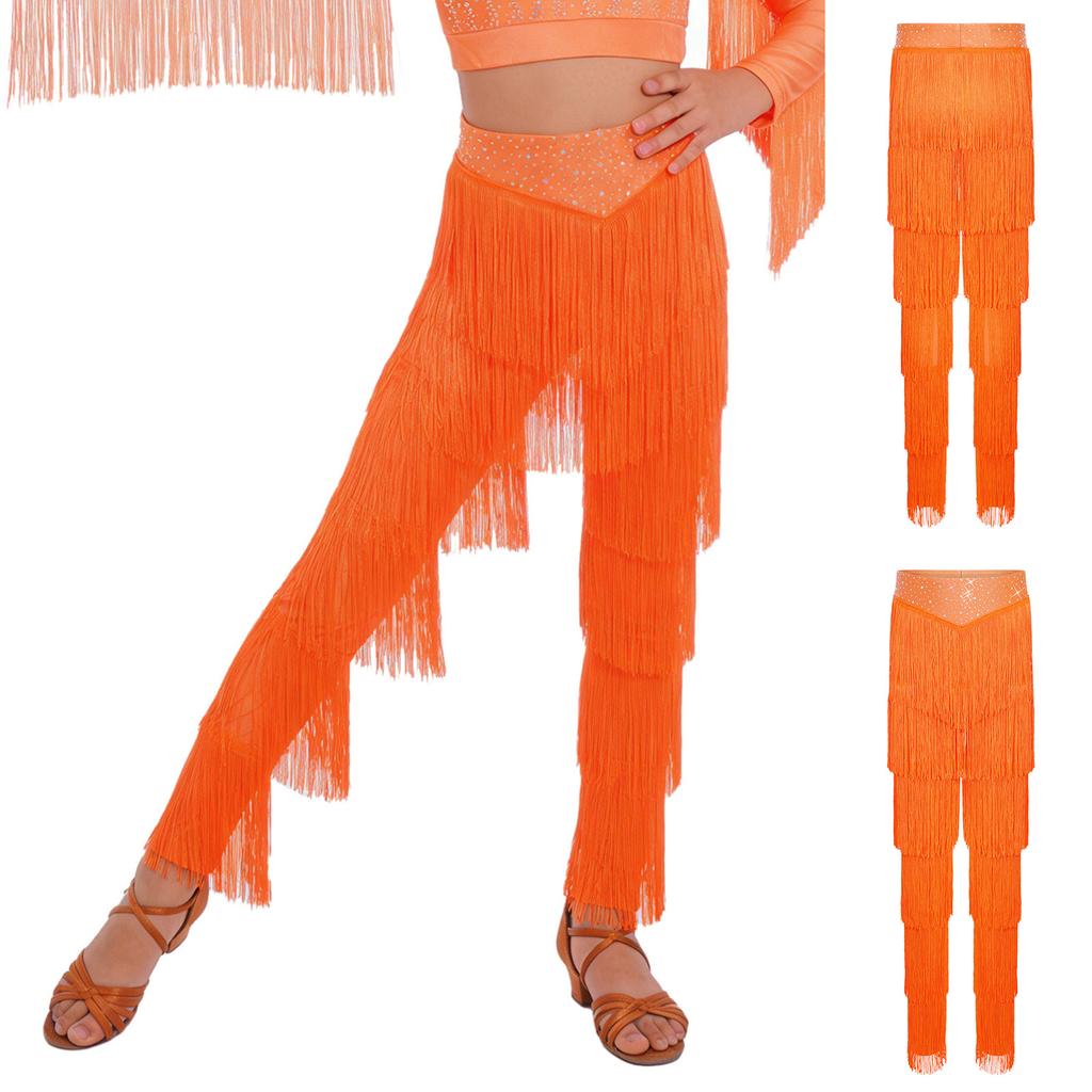 Girls Latin Dance Fringe Pants Elastic Waistband Tiered Tassels Trousers Samba Rumba Cha Cha Salsa