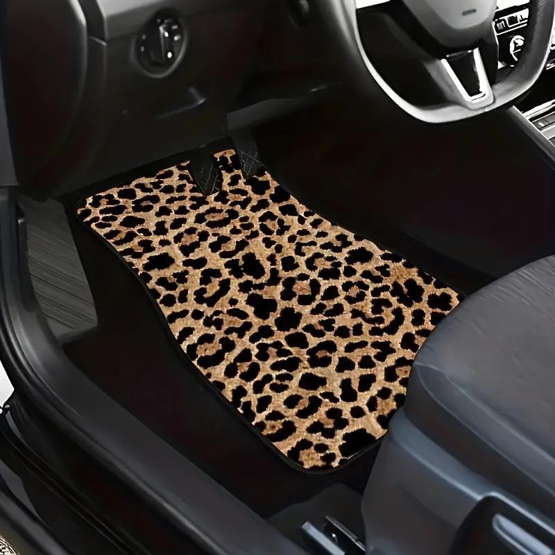 Suitable for All Car Models, 4pcs Yellow Leopard Pattern Car Carpet, Four Seasons Vehicle Carpet with Non-Slip Base, Easy to Clean