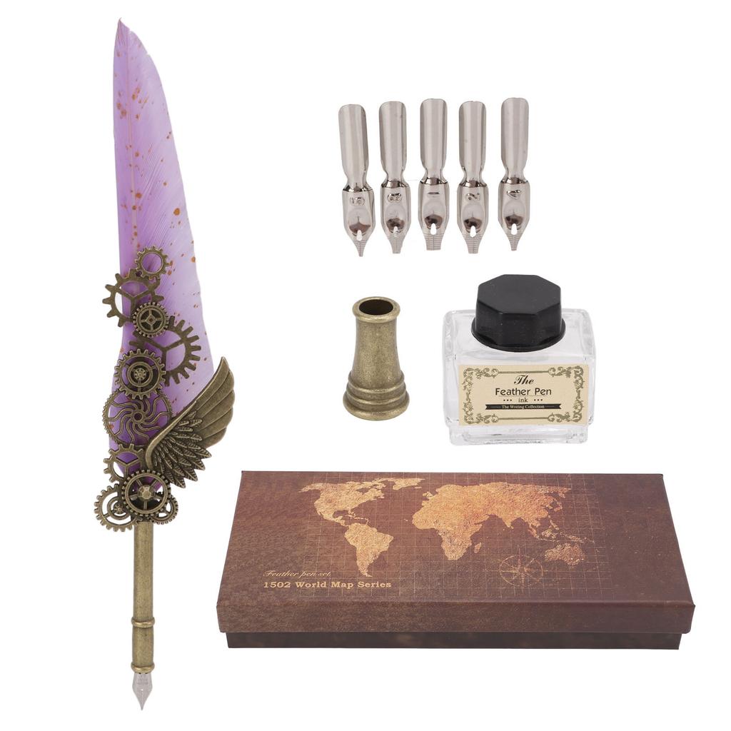 Quill Pen and Ink Set Writing Smoothly Vintage Carving Nib Natural Wear Resistant Pen and Ink Set