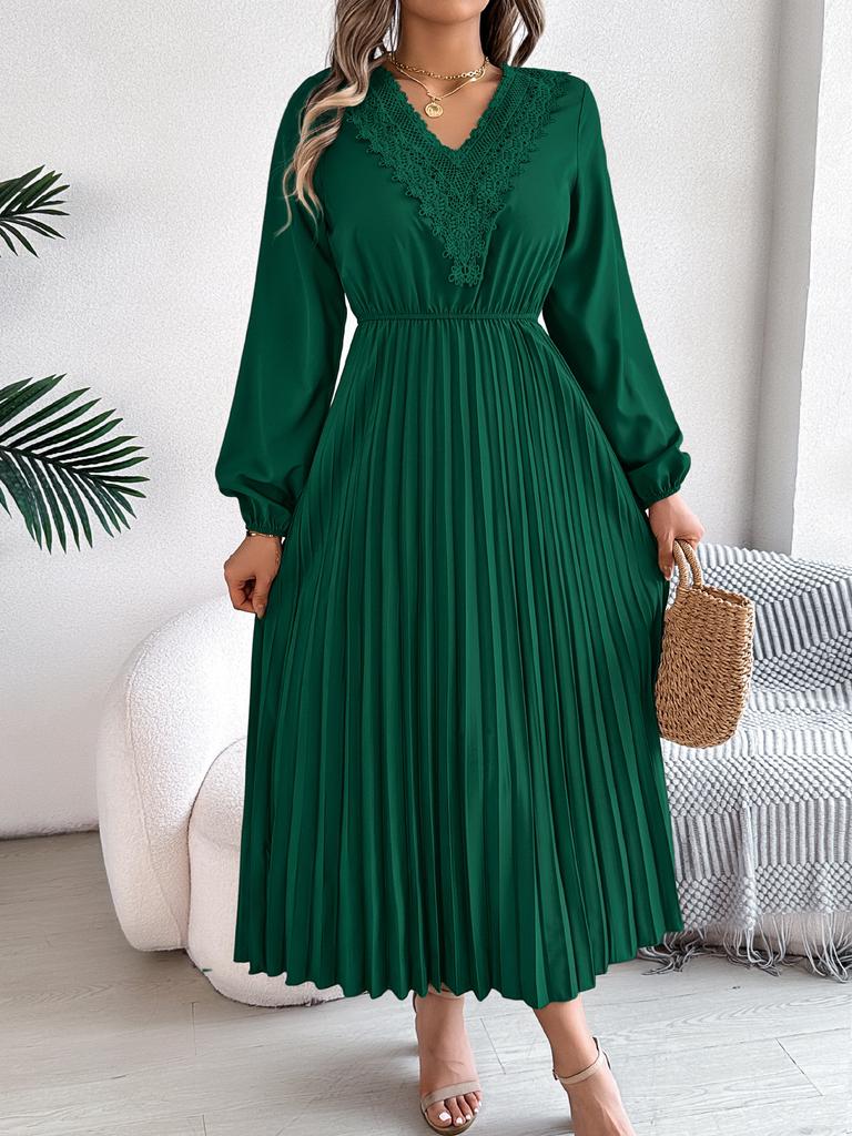 Dames Elegante Europese Stijl V-hals Kant Hoge Taille Lange Mouwen Geplooide Maxi Jurk