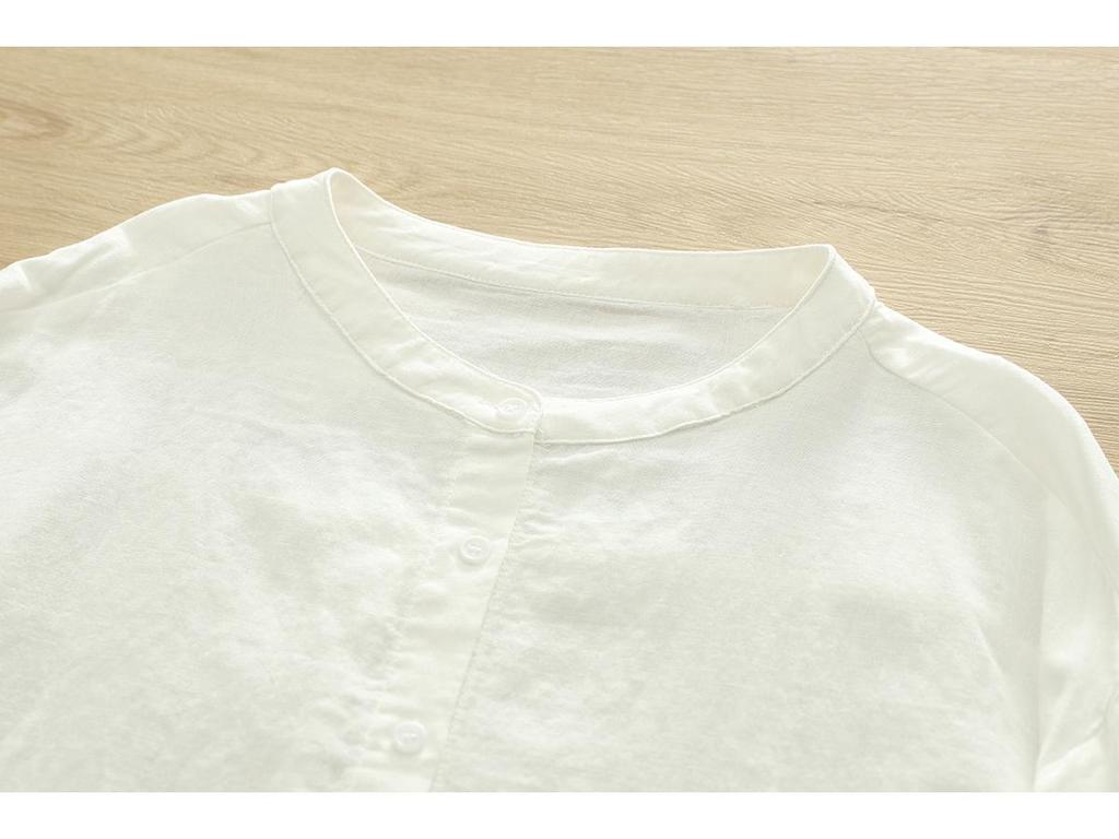 Women's Stand Collar Long Sleeve Cotton Gauze Shirt - Solid Color, Breathable, Slimming, 2026 Spring/Autumn Collection