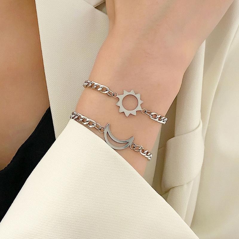 2Pcs/set Stainless Steel Simple Hollow Love Sun Moon Chain Bracelets Temperament Ins Chain Ladies Couple Card Bracelet