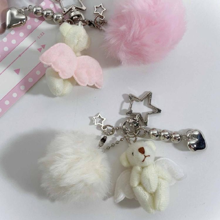 Pompoms Adorned Bear Keyring Plush Animal Keychain Pendant Handmade Phone Charm Unique Gift for Children and Teens