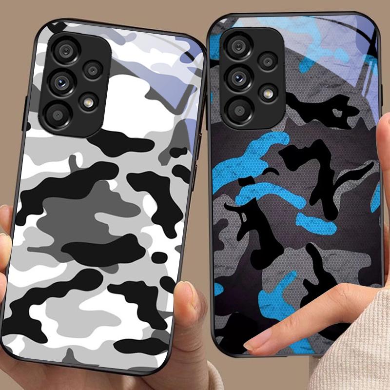 Camouflage Blue For Samsung Galaxy S10 20 Plus 21 FE 22 23 24 FE 25 Ultra Black Tempered Glass Phone Case Hard Shell