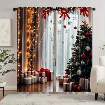 Christmas Bow Tree Curtains 2pcs   Rod Pocket Polyester Machine Washable for Living Room Bedroom Holiday Doorway Decor