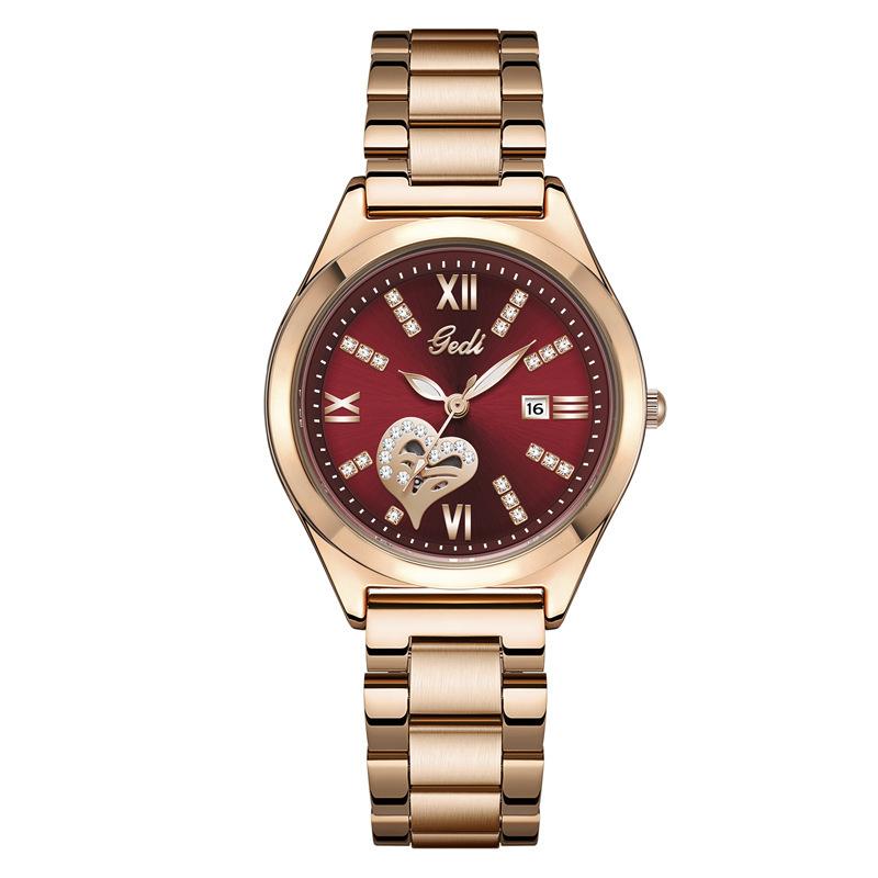 Light Luxury Diamond Calendar Steel Belt Watch Hollow High-End Waterproof Steel Belt Watch Ladies Big Red Quartz Watch