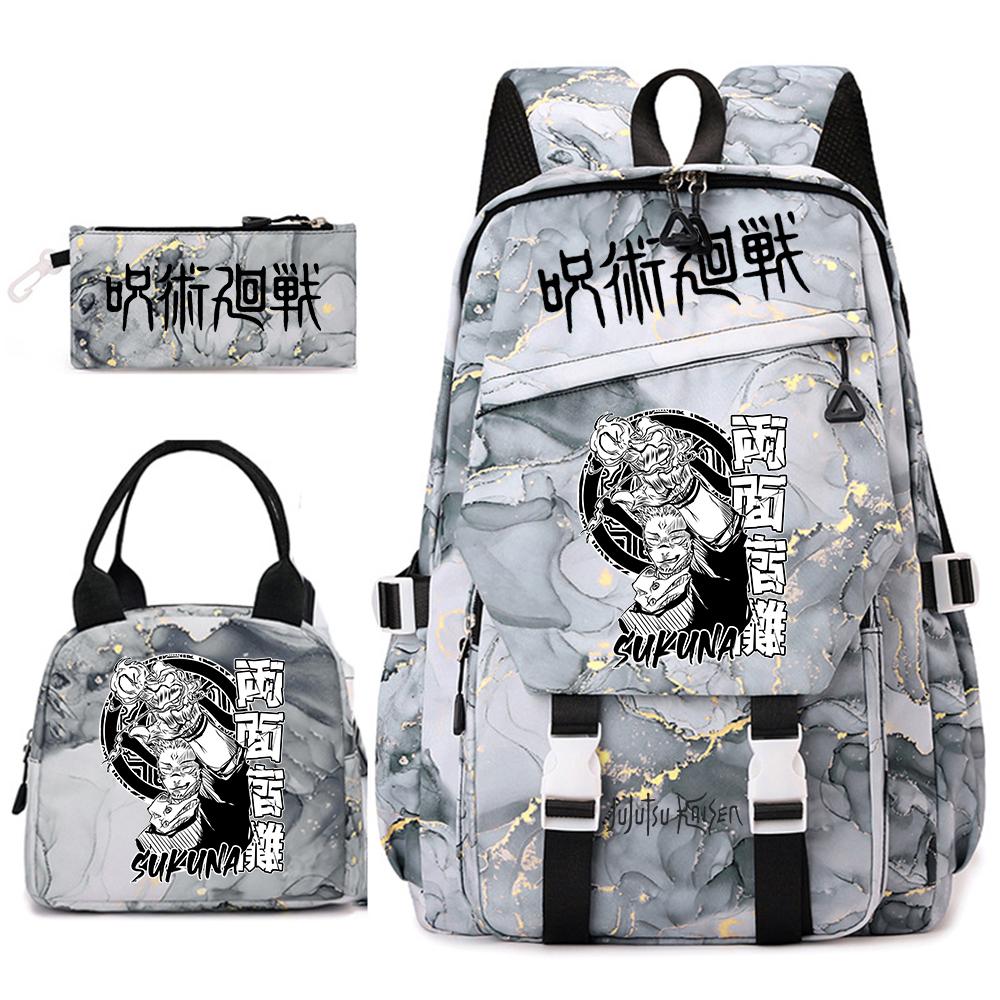 Anime Jujutsu Kaisen Backpack Set for Girls 3pcs School Bookbag Lunch Bag Pencil Case Casual Travel Rucksack