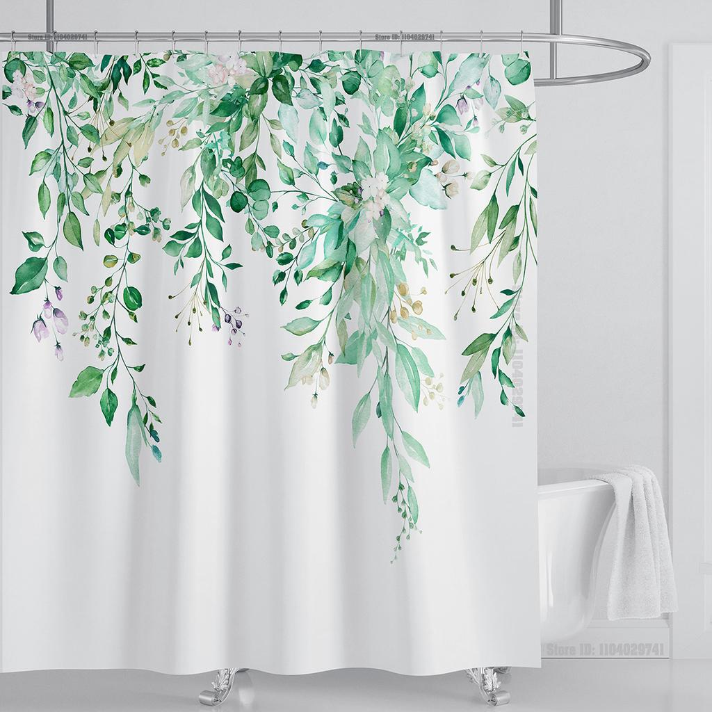 Emerald Green Eucalyptus Shower Curtain Fabric, Watercolor Plant Leaves with Floral Bathroom Shower Curtain Set with Hooks