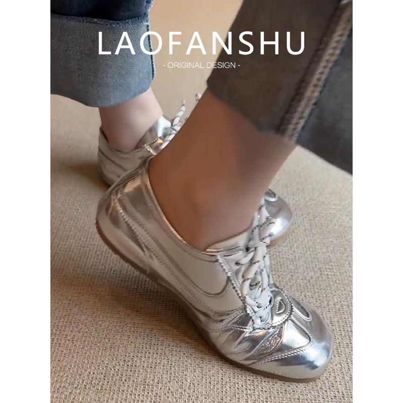 Cowhide Version! Silver Inner Height Increase Niche Moral Training Shoes Lace-up Forrest Gump Shoes Casual Sports Versatile Retro Board Shoes Women