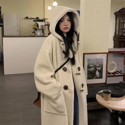 Horn Button Lamb Wool Long Coat for Women Autumn and Winter Lamb Velvet College Style Warm and Slim Hooded Coat