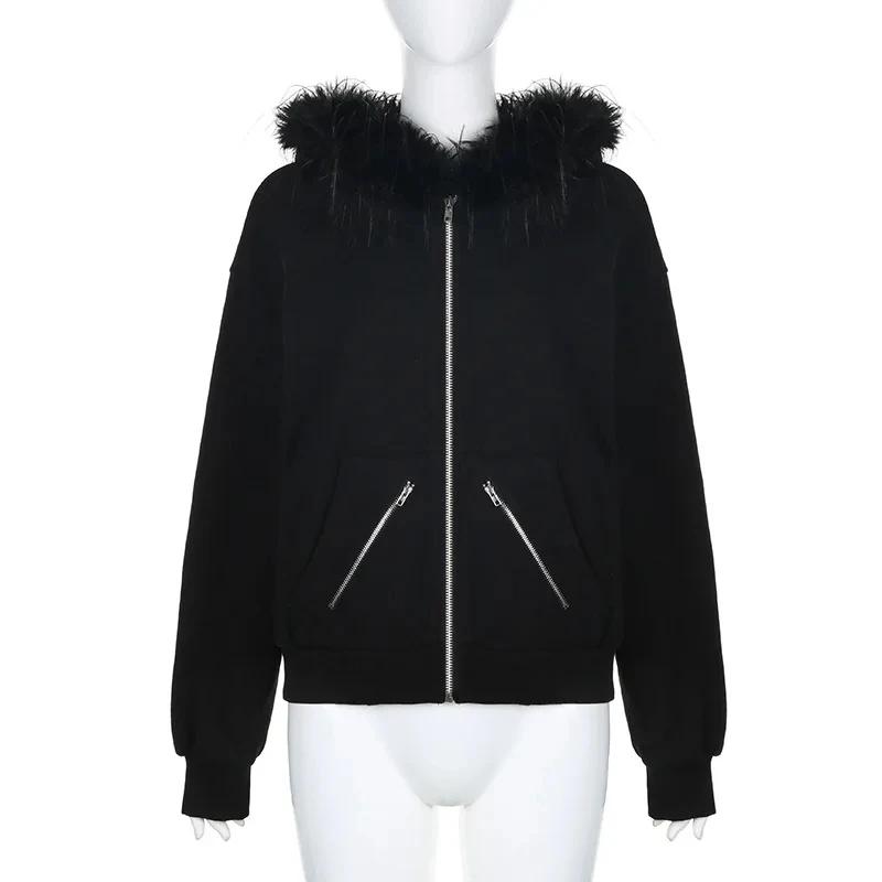 Goth Dark Faux Fur Collar Hooded Cardigans, Zip Up Hoodies, Gothic Grunge Pockets, Black Jackets, Female Y2k Streetwear