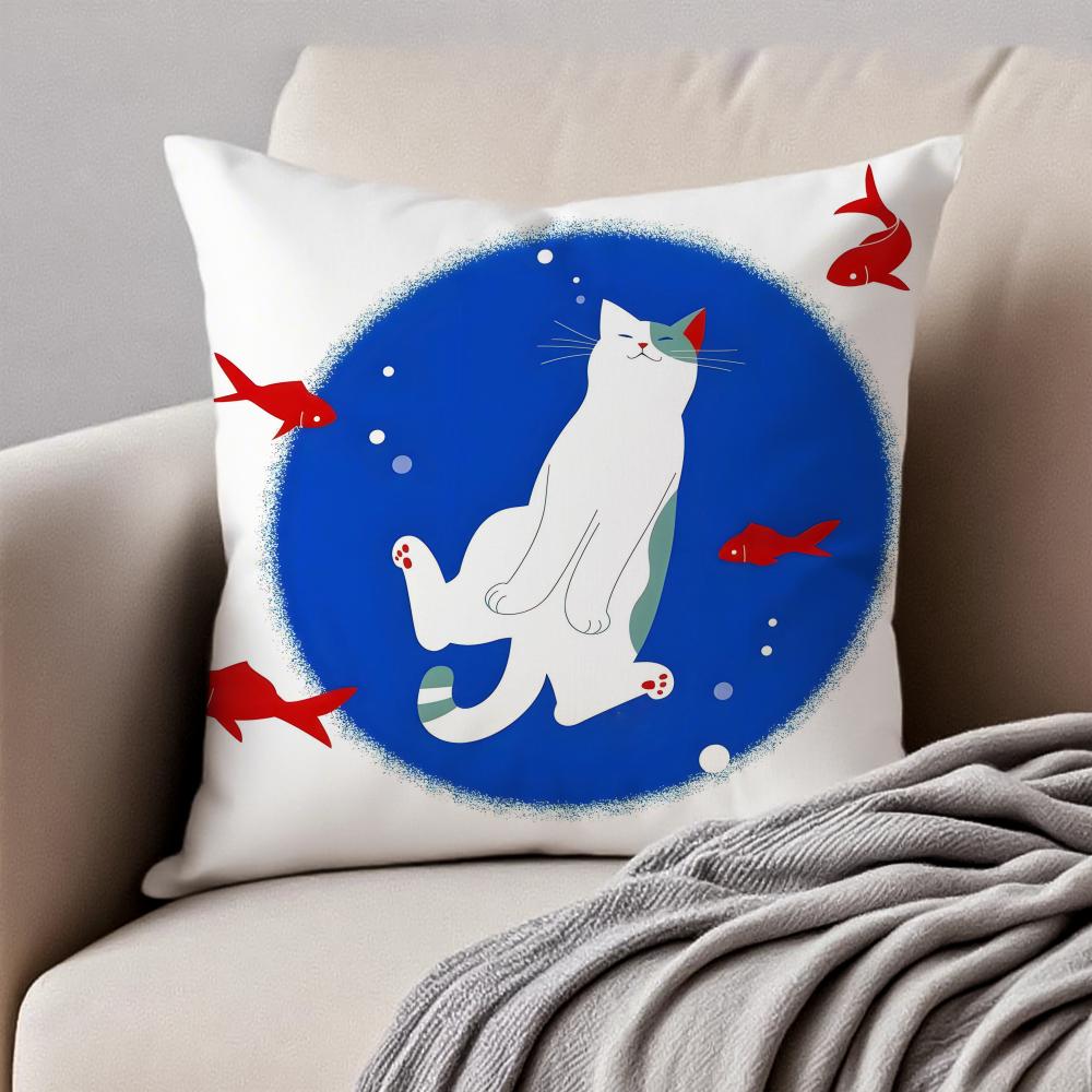 Minimalist Flat Style Illustration Cat Art Cushion Cover Pillowcase Antidustmite Invisible Zipper Short Plush Sofa Cushion