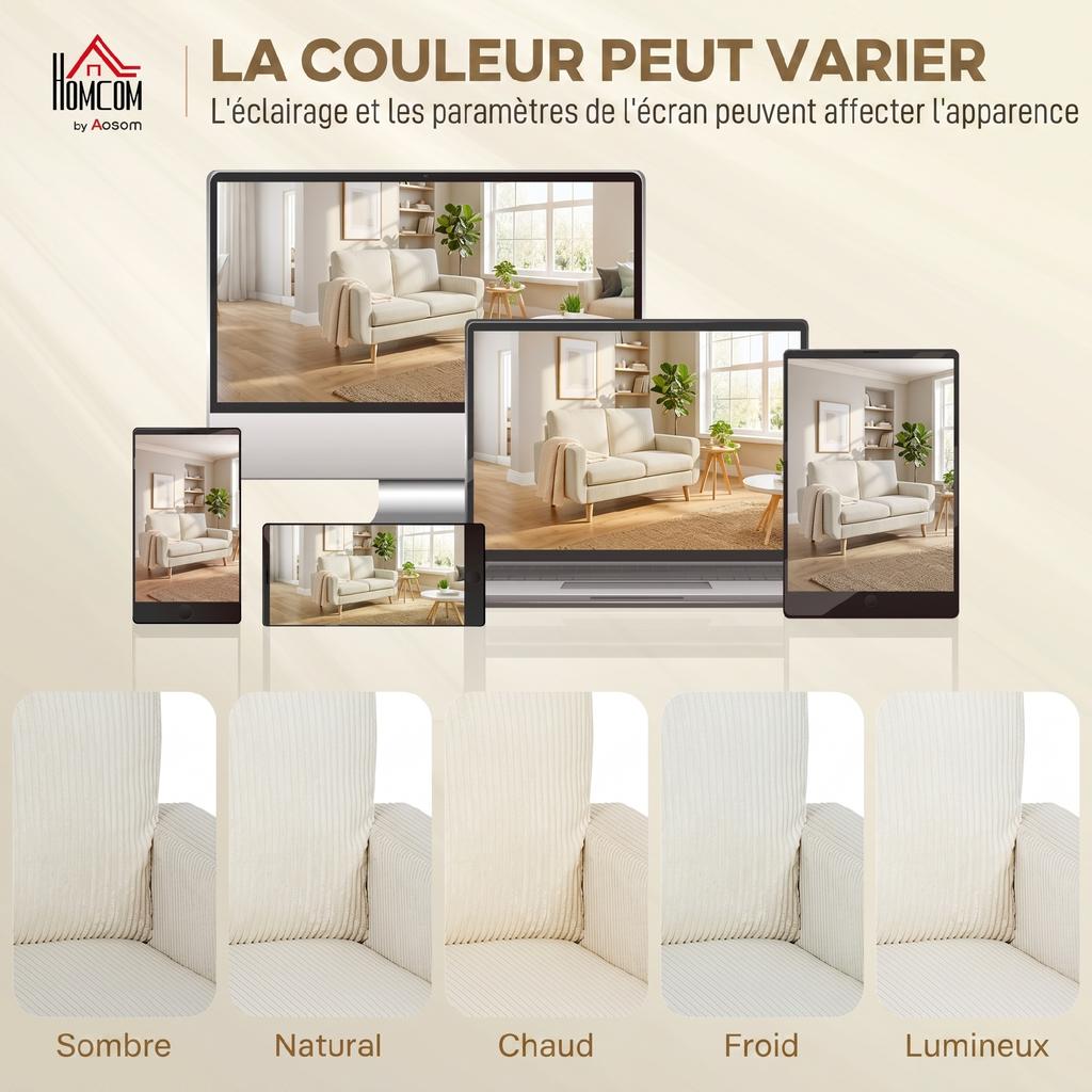 Two-Seater Corduroy Sofa, 134 cm Wide, Upholstered Seat, Spring Cushion, Cream