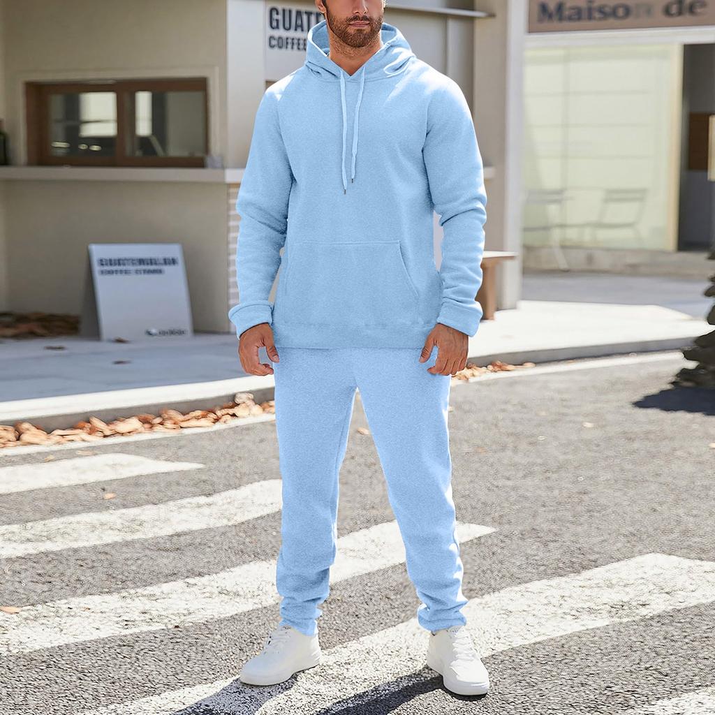 Men's And Women's Solid-color Casual Set. Men's Long-sleeved Hooded, Fleece And Thickened Sweatshirt And Pants Two-piece Set