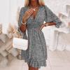 Women's Boho Floral Print Midi Dress, V Neck Short Sleeve High Waist Casual Summer Dress for Women