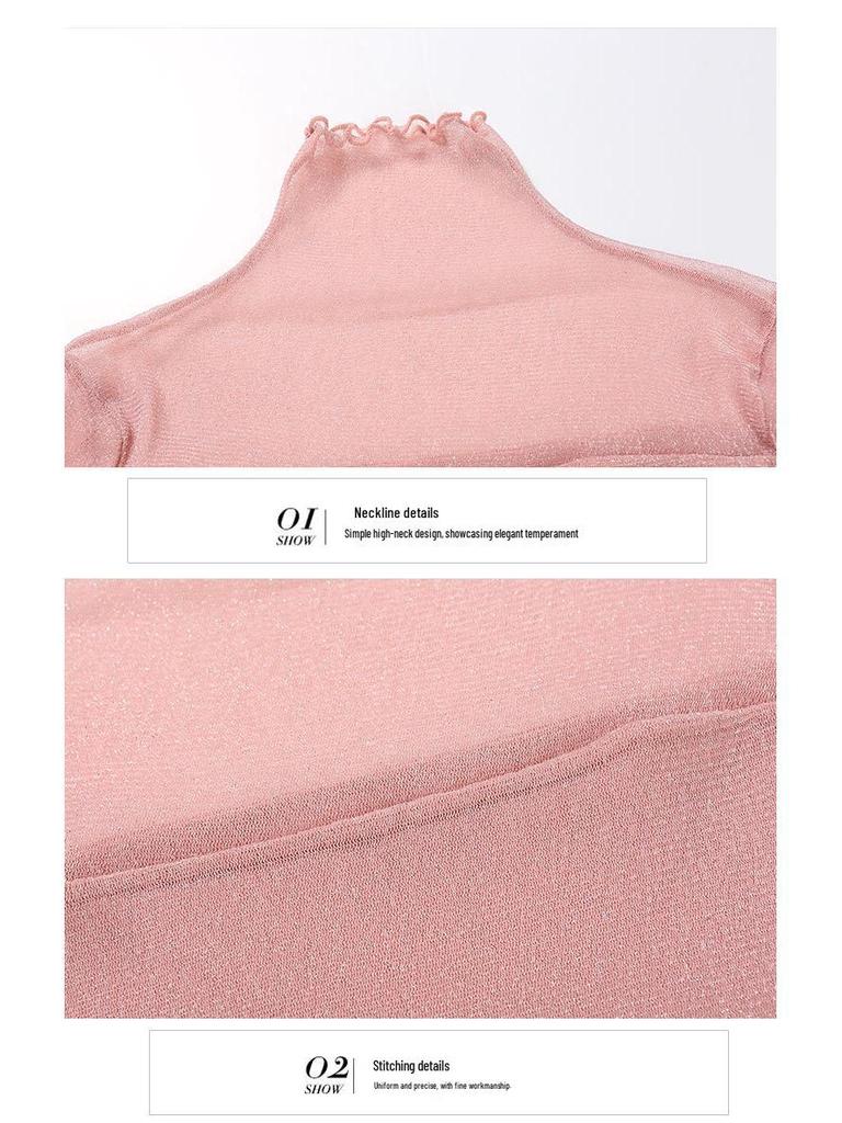 2024 Damen High-Neck Patchwork Mesh Top mit Gold- & Silberfäden - Vielseitige Langarm See-Through Basisschicht