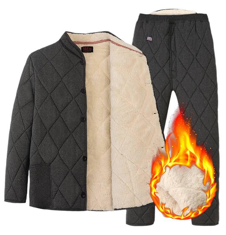Men's Lambswool Winter Set: Warm Cotton Jacket and Pants for Elderly, Multi-Pocket Design