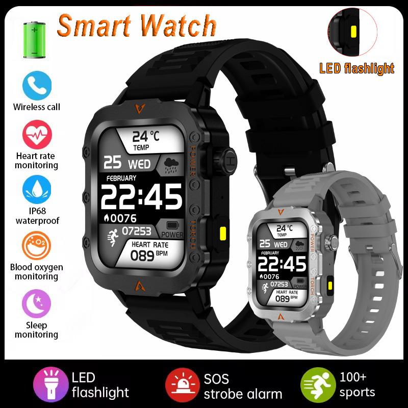 New Men's BT Call Smart Watch LED Flashlight Outdoor Sports Fitness Tracking Smartwatch Wristwatch Health Monitoring Watch