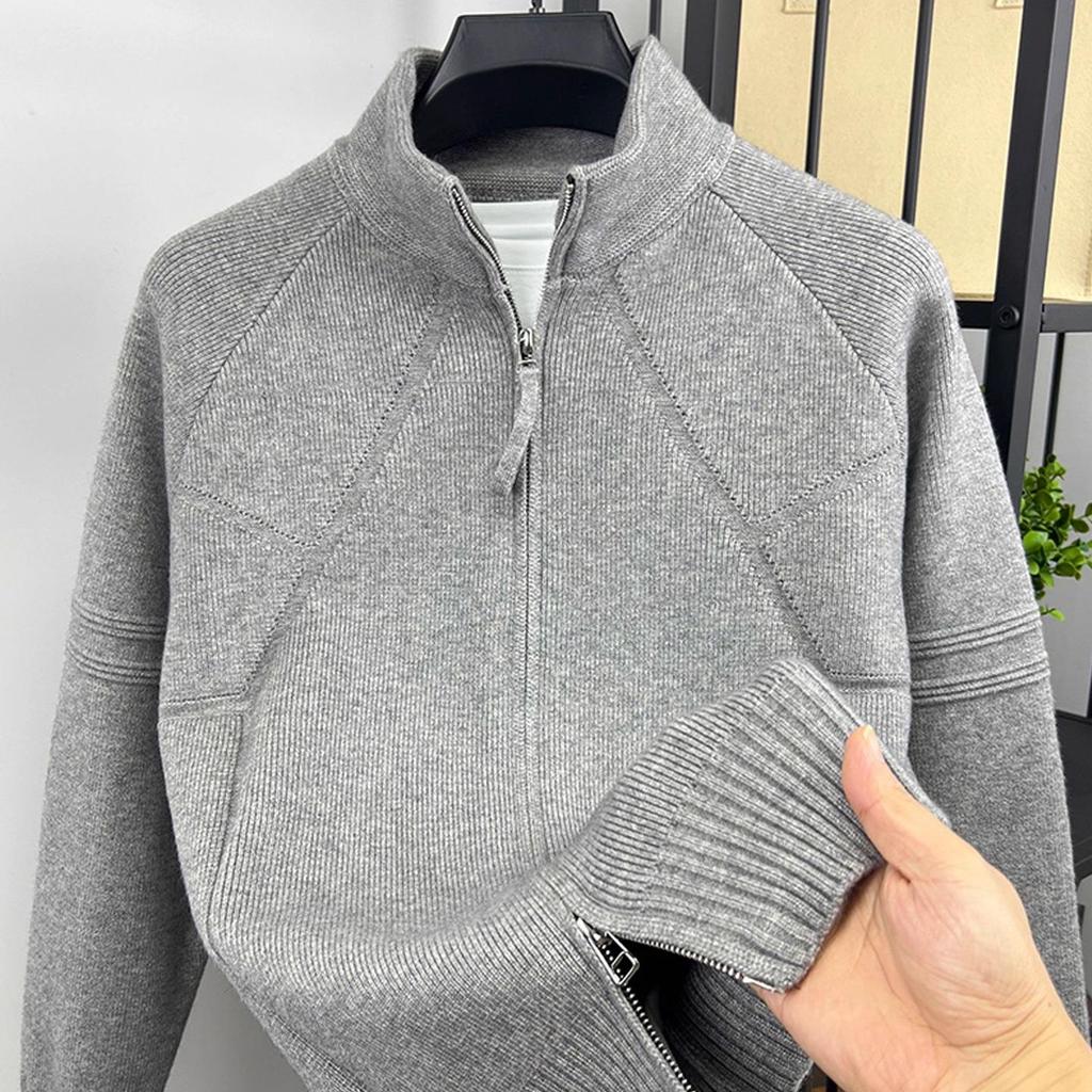 Herren Modischer Jacquard Stehkragen Strick Cardigan Pullover Jacke - Reißverschluss, Verdickt, Lockerer Schnitt für Herbst/Winter.