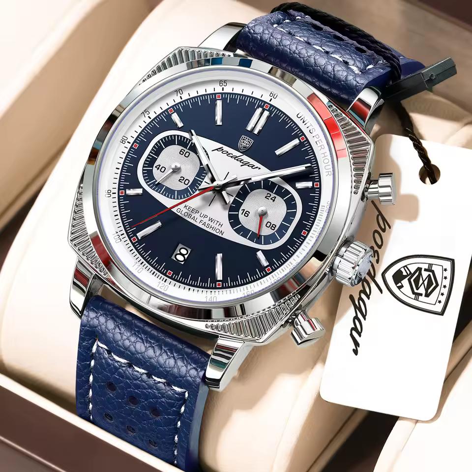 POEDAGAR Original Fashion Men Clock Luminous Waterproof Chronograph Date Watch for Man Luxury Leather Quartz Watches Reloj