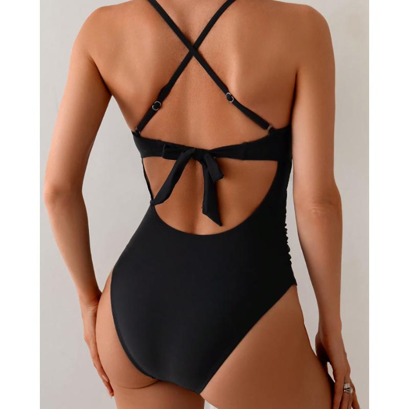 Vintage Black Knitted Patchwork One Piece Swimsuit 2026 Women Halter V Neck Back Bandage Cross Slim Tummy Control Swimwear
