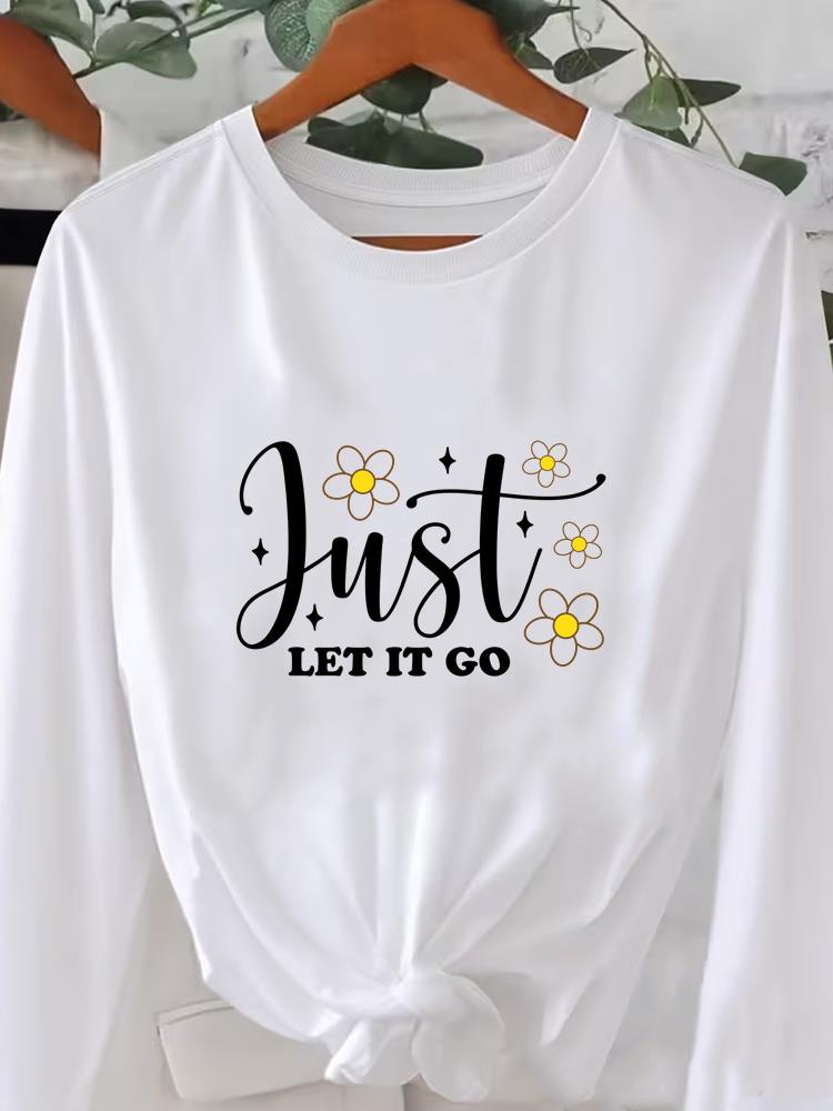 (Asian Size) flower letter cute style Printed o-neck Long Sleeve T Shirt Tee Lady Women Female Clothing Casual Fashion Top Graphic T-shirts