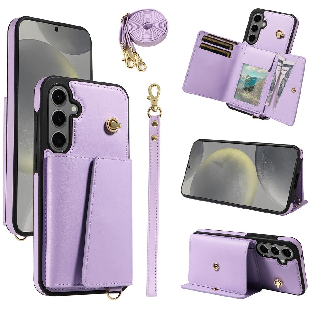 For Samsung Galaxy S24+ Crossbody Phone Case Card Holder Kickstand Leather Coated TPU Mobile Cover