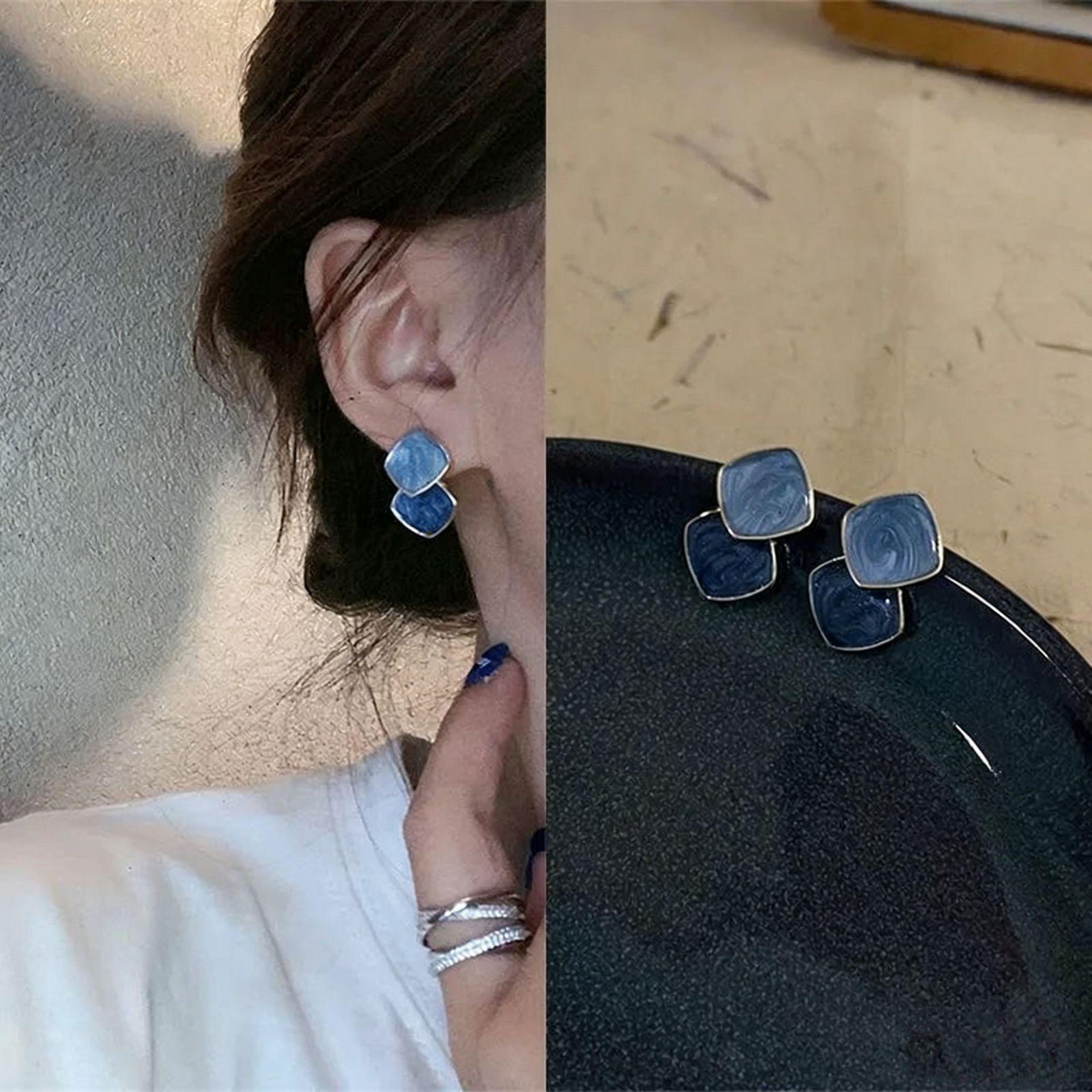 Temperament blue oil dripping contrasting stud earrings simple geometric square earrings Hong Kong style retro earrings