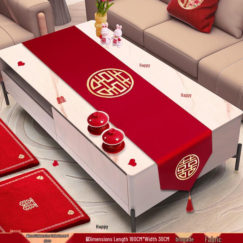 Red Wedding Table Runner with Double Happiness Character - Festive Dining/TV Table Décor