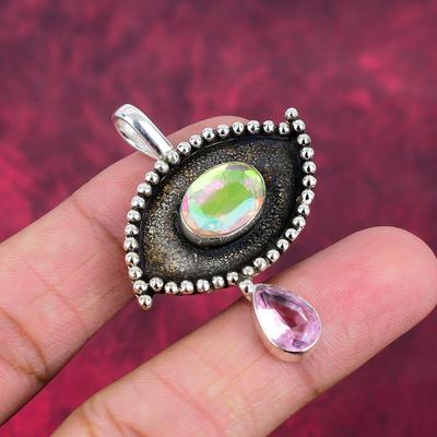 Mystic Topaz, Kunzite Pendant, 925 Solid Sterling Silver Gemstone Jewelry, Handmade Pendant, For Memorial Day