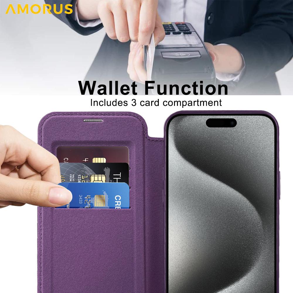 For iPhone 15 Pro Max Case Compatible with MagSafe RFID Blocking Card Holder Leather Phone Cover