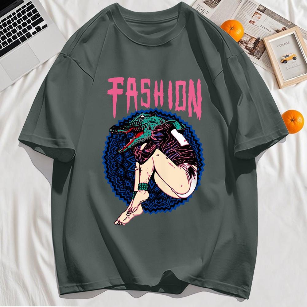 Fashion Killer Croc Printing T Shirt Men Cotton Loose T-Shirts Casual Crewneck Streetwear Comfortable Summer Short Sleeve