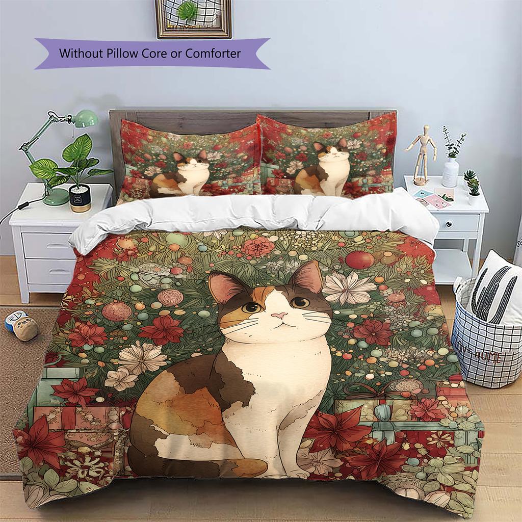 Cartoon Calico Cat Pattern Bedding Home Decoration Birthday Gift (1 * duvet cover + 2 * pillowcase, without core)
