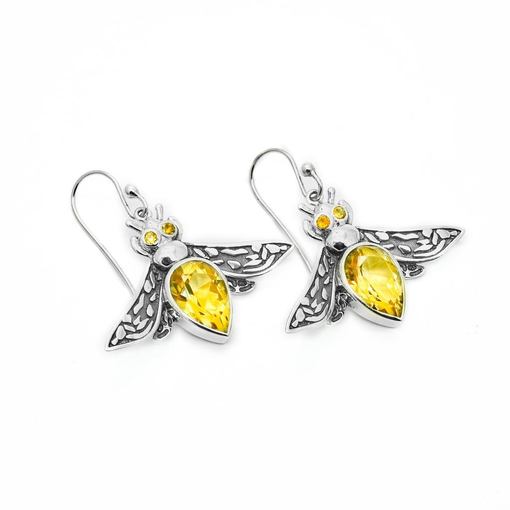 Sterling Silver Bee Earrings with Citrine Gemstone
