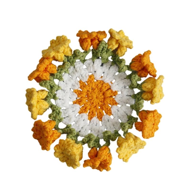 Round Handwoven Table Mat Handmade Cup Coaster Flower Woven Placemat Crochet Colorful Heat Insulation Pad for Drink