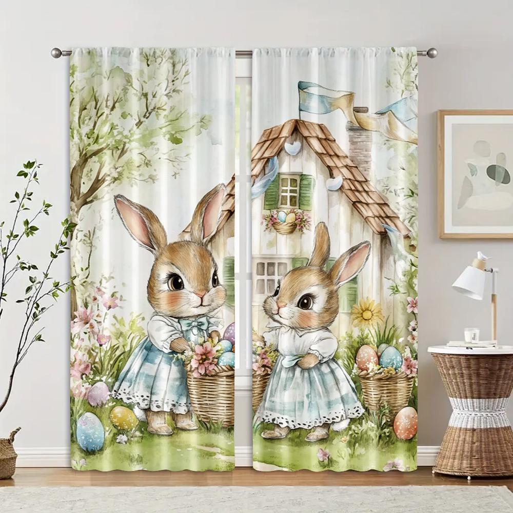 Set Of 2 Curtains Digital Printed Retro Easter Polyester Easy Install Without Rod All Seasons Ldeal Bedroom Living Room Made Sitting Window Treatment