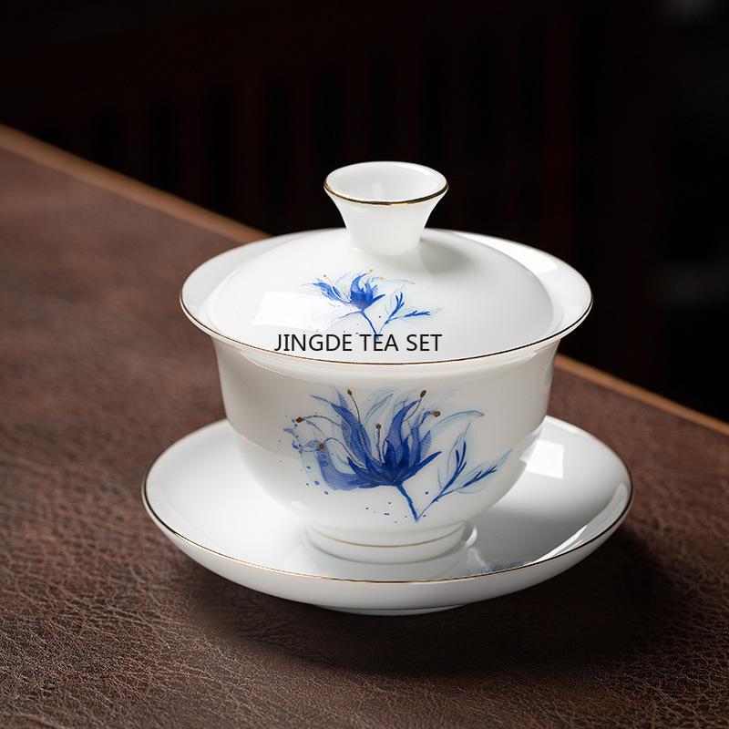 Ice Seed Sheep Fat Jade Ceramic Covered Bowl Single Household Kung Fu Tea Set Tea Making Bowl, High-end gaiwan set