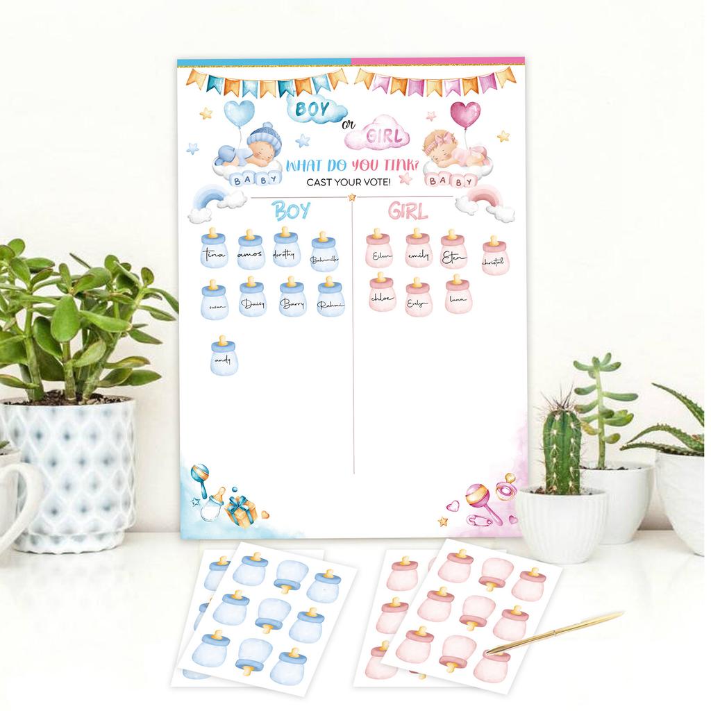Gender Reveal Game for Baby Shower with Poster 36pcs Girl or Boy Voting Stickers for Gender Reveal Use Party Supplies