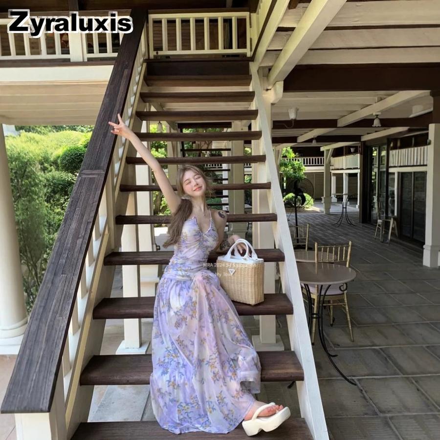 Ruffled Floral Flirty Dress for Women, Backless Suspender Long Skirt Summer Vacation Chiffon Mesh A-Line Bodycon